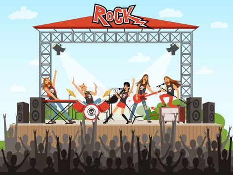 Rock band on stage. People on concert. Music performance. Vector illustration in #Sponsored , #sponsored, #ADVERTISEMENT, #stage, #Rock, #Vector, #People Band On Stage, Watercolor Wallpaper Phone, Music Stage, Concert Crowd, Guitar Illustration, �달력 디자인, Human Logo, Concert Stage, Outdoor Concert