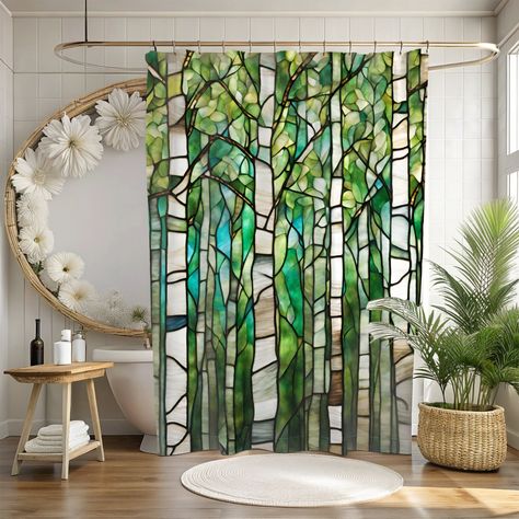 Add a personal touch to your bathroom with this Stained Glass Birch Trees Shower Curtain. This durable shower curtain made of 100% polyester will bring a breath of fresh air to your decor with its vibrant stained glass design. The curtain itself is long-lasting and water-resistant. However, use of a water liner is recommended for complete waterproofness. The curtain has 12 holes for shower hooks; hooks are not included. Machine wash cold with similar colors on a gentle cycle. Tumble dry on low or hang dry. Do not bleach or dry clean. The shower curtain is printed on one side and measures 71 x 74" (180 x 188cm). Please note that this is a pre-constructed item, so size may vary - 2"). Get your Stained Glass Birch Trees Shower Curtain today to give your private space a new look. Or gift it to Stained Glass Shower Curtain, Green Forest Bathroom, Black White Green Bathroom, Forest Themed Bathroom, Enchanted Forest Bathroom, Botanical Bathroom Ideas, Fairy Bathroom Ideas, Modern Tropical Bathroom, Rainforest Bathroom