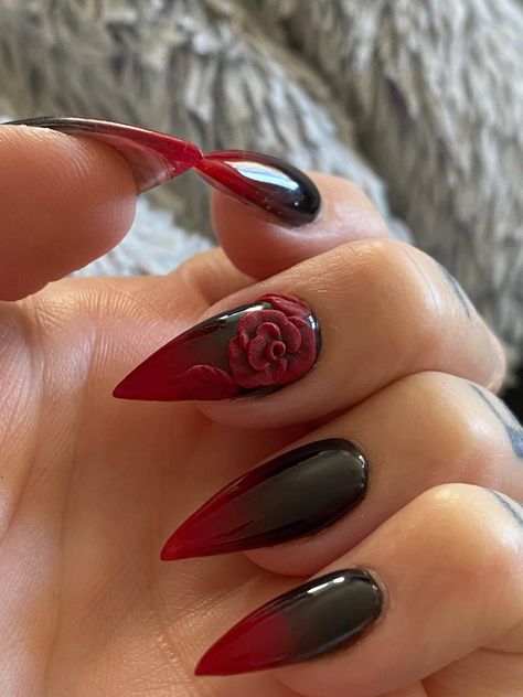 #nails#red#black3dart#rose#besttech#faded Hombre Red And Black Nails, Sharp Red Nails Aesthetic, Black Roses Nails, Red And Black Simple Nails, Black And Rose Nails, Red And Black Wedding Nails, Red And Black Ombre Nails Coffin, Red And Black Quince Nails, Nails Acrylic Red And Black