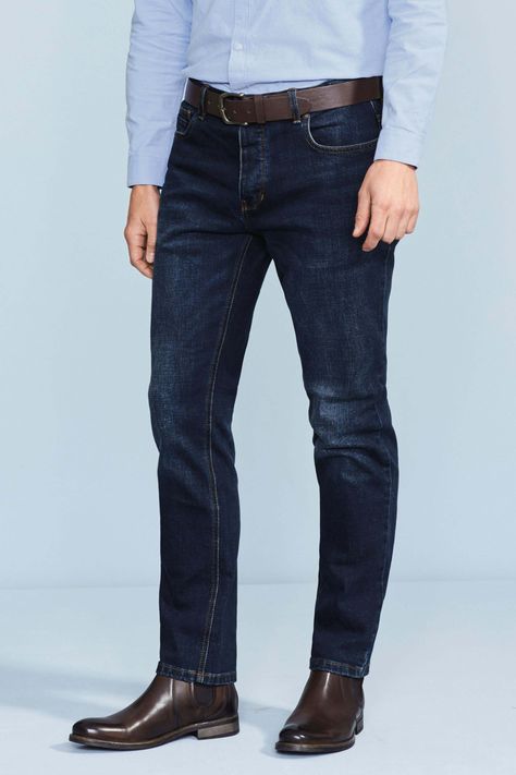 Mens Next Dark Blue Wash Loose Fit Belted Stretch Jeans -  Blue Dark Blue Jeans Outfit, Blue Jeans Outfit Men, Jeans Outfit Men, Blue Jean Outfits, Blue And White Shirt, Herren Outfit, Denim Jeans Men, Loose Jeans, Dark Blue Jeans