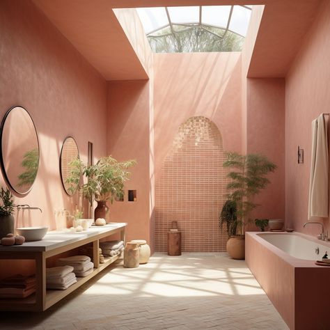 Desert Pink Bathroom, Pink Micro Cement Bathroom, Pink Lime Wash Bathroom, Pink Microcement Bathroom, Plaster Pink Bathroom, Salmon Bathroom Ideas, Salmon Tile Bathroom, Pink Walls Bathroom, Terracotta Limewash