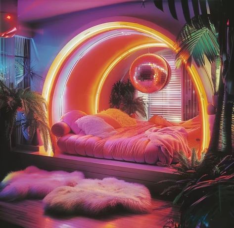 Vaporwave Furniture, Pachinko Aesthetic, Vaporwave Room Aesthetic, Retrofuturism Decor, Retro Futurism Bedroom, Trippy Rooms Bedrooms, Blender House, Synthwave Room, Pop Art Bedroom