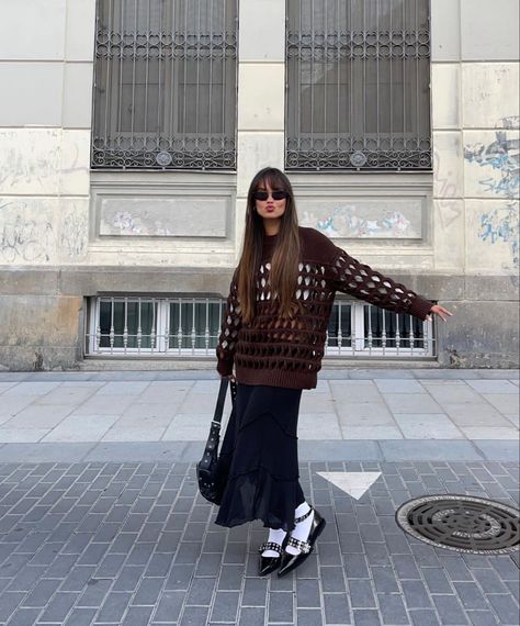 babisevi, cozy casual streetwear, chocolate brown knit sweater, black maxi skirt, punk ballerina sandals with socks Ganni Flats, Punk Ballerina, Spanish Style Clothing, Sandals With Socks, Aesthetic Ropa, Lace Trend, Isa Boulder, Ballerina Outfit, Fashion Gone Rouge