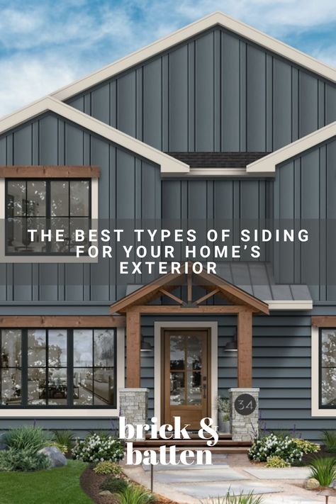 While paint color has a major impact on the look and feel of your home’s exterior, there’s another important factor that can transform your home: The type of siding you choose. From classic brick to modern metal, there are nearly endless siding options that allow you to upgrade your exterior and bring your dream home to life. Read on to learn more about our favorite types of siding and choose the right fit for your home: https://bit.ly/48eWPeQ Mix Of Vertical And Horizontal Siding, Wide Vinyl Siding Exterior, Vinyl Siding Color Ideas, Vinyl Siding Ideas Exterior With Brick, Metal Siding Homes Exterior, Farmhouse Exterior Siding Ideas, Vinyl Siding Homes Exterior, Metal Siding On House, T 1 11 Siding Ideas