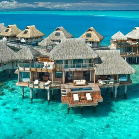 Hilton in Bor-Bora ... Yes, please !! Overwater Bungalows, Thatched Roof, Destination Voyage, Dream Holiday, Honeymoon Destinations, Vacation Places, Future Travel, Bora Bora, Fitness Center