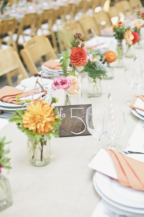 Orange Themed Wedding in Griffith Woods, Santa Rosa, CA. Simple place setting at long tables. Orange Themed Wedding, Dahlia Centerpiece, Bud Vases Wedding, Bud Vase Centerpiece, Wedding Table Themes, Simple Centerpieces, Wedding Table Flowers, Wedding Vases, Wedding Tablescapes