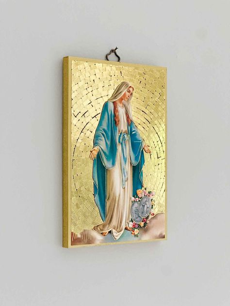 Unite your home's sacred spaces and honor your faith with this petite Our Lady of Grace Plaque. Crafted with intricate gold foil and mosaic detailing, this captivating religious icon symbolizes the promise of her prayer and the beauty of your devotion. Featuring the prayer to Our Lady of the Miraculous Medal on the back, it makes the perfect gift. Wood Plaque Size: 4" x 6" Made in Italy Out of stock? This item typically restocks every 4-6 weeks Catholic Wall Decor, Beautiful Bedroom Furniture, Catholic Candles, Mary Immaculate, Our Lady Of Grace, Catholic Crafts, Sacred Spaces, Pictures Of Jesus Christ, The Prayer