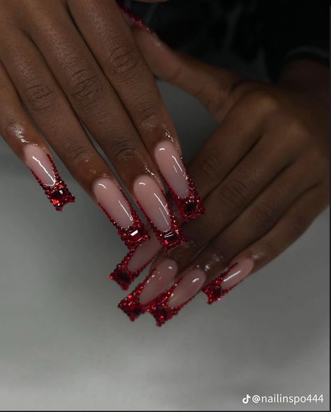 Medium Red Nails Design, Red Diamond Nail Designs, Red Gem Nails Acrylic, Quince Makeup Red And Black, Red Acrylic Birthday Nails, Red Nails For Sweet 16, Nail Designs Bday, Red Acrylic Nails Square Medium, Short Nail Designs Dark Red