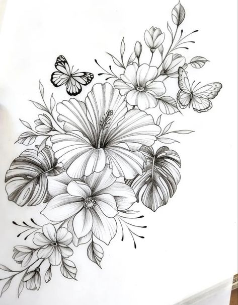 Hawaiian Leaves Tattoo, Tropisches Tattoo, Tropical Flower Tattoos, Popular Tattoo Designs, Designer Tattoo, Chest Tattoo Drawings, Hawaiian Flower Tattoos, Tropical Tattoo, Wreath Tattoo