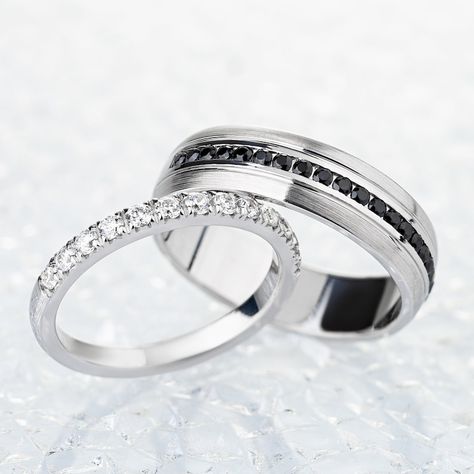 Black Diamond Wedding Rings Sets, His And Hers Wedding Bands, Wedding Rings Sets His And Hers, White Gold Wedding Ring Set, Black Diamond Wedding Rings, Wedding Rings Set, Stunning Diamond Rings, Matching Wedding Rings, Black Wedding Band