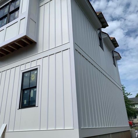 High Caliber Renovations on Instagram: "Custom Azek Siding Job Coming Along Well In Flemington, New Jersey #Azek #Board&Batten" River Cottage, Board And Batten, New Jersey, The Hamptons, House Exterior, Garage Doors, Siding, Cottage, Exterior