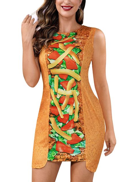 PRICES MAY VARY. TACO STYLE - If you want to get in the spirit of Halloween through cosplay on October 31 st, but you have no idea about what to dress up as, then the easiest way is to try a delicious food costume, such as the mature and attractive mini tight taco dress, which shows off the figure and adds sexy of you, and is sure to be a special Halloween cosplay costume. PHOTOREALISTIC PRINT - The delicious taco looks like it's on your dress and makes you look so inviting. Whether you love tac Taco Costume, Mini Taco, Taco Food, Funny Dresses, Cute Formal Dresses, Food Costumes, Taco Lover, Special Halloween, Special Clothes