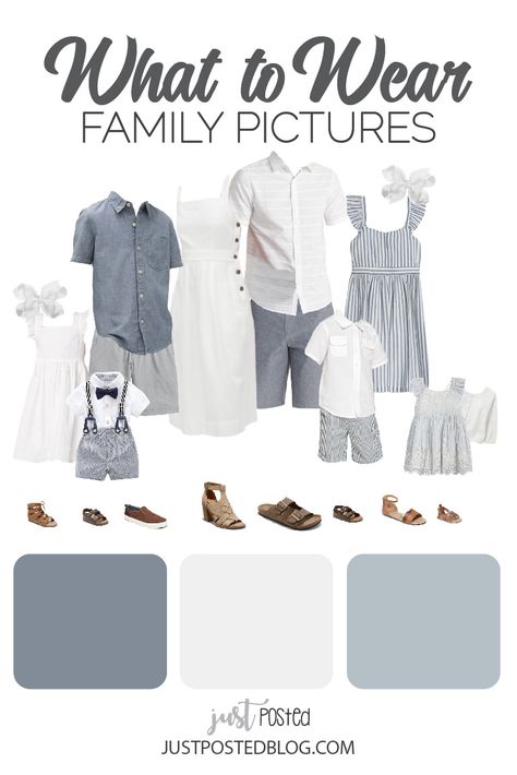 What to Wear for Family Pictures: White & Chambray Blue. This Look would be perfect for what to wear for beach family photos! This link includes 5 different options for what to wear for family pictures from babies and toddlers to adults. Each look has links included and 5 completely different color schemes for Family Photos. Hopefully this will make your what to wear for Family pictures decisions a lot simpler. Family Beach Pictures Outfits, Spring Family Pictures, Beach Picture Outfits, Family Photos What To Wear, Family Portrait Outfits, Summer Family Pictures, Family Photo Colors, Summer Family Photos, Fall Family Photo Outfits