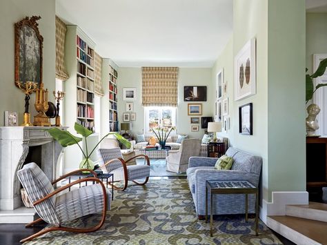 Blue & green cool Living room palette. with mint green paint color  roman shades. Appartement New York, Long Living Room, Narrow Living Room, Living Room Layout, Living Room Furniture Layout, Kitchen Decorating, Design Toscano, Salon Style, Coastal Chic