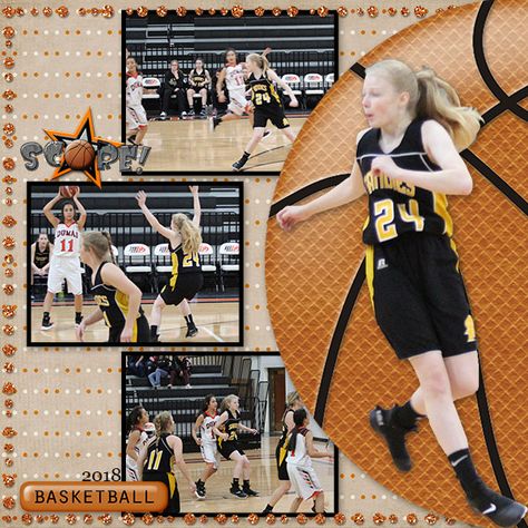 Senior Night Scrapbook Layouts, Softball Scrapbook Pages, Basketball Scrapbook Ideas, Cheerleading Scrapbook Layouts, Basketball Scrapbook Layouts, Basketball Scrapbook, Sports Layout, Basketball Awards, Baseball Scrapbook