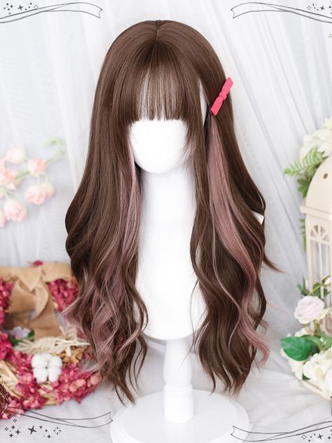 Get the perfect blend of sophistication and cuteness with our brown and pink highlight long wig. This beautifully crafted wig features a unique highlight color combination of brown and pink, giving you a trendy and eye-catching look. The long wavy style adds a touch of elegance, while the air bangs frame your face delicately. Whether you're going for a Lolita or Kawaii style, this wig is a must-have accessory to complete your look.   Please note that this product includes only the wig. Colorful Highlights In Brown Hair, Brown And Pink Hair, Brown Hair Female, Cool Hair Designs, Kawaii Wigs, Air Bangs, Highlight Color, Wavy Style, Kawaii Hairstyles