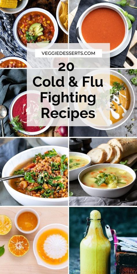 These Veggie and Vegan Cold and Flu fighting recipes will show that you don't need chicken soup to feel better. From soups and smoothies to hot toddies and tonics, this list will hopefully make you feel better in no time. Soup To Make You Feel Better, Feel Better Soup Vegetarian, Feel Better Dinner Recipes, Vegan Soup When Sick, Best Soup When Your Sick Vegetarian, Feel Better Meals, Best Recipes When Sick, Food For A Cold Feel Better, Sick Foods Feel Better