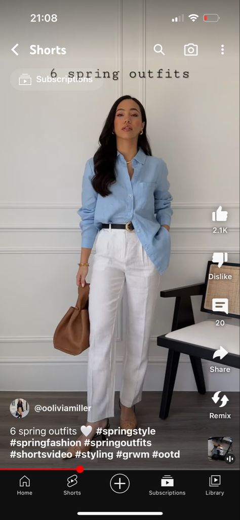 White trousers blue shirt White Trousers Blue Shirt, Maeve Core, Nude Trousers, Blue Trousers Outfit, White Trousers Outfit, Blue Top Outfit, Womens Cargo Trousers, White Shirt And Blue Jeans, Women Trousers Design