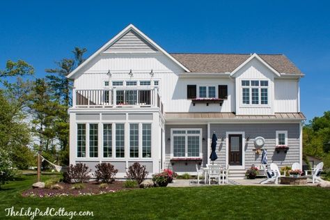 Backyard Ramblings - The Lilypad Cottage Lake House Backyard, Gray Houses, White Backyard, French Modern Home, Lilypad Cottage, Shingle Roof, Sunroom Addition, Cottage Plans, Board Batten