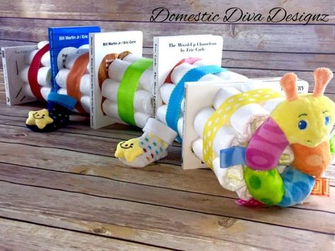 Unique Diaper Cake Ideas. Bookworm Diaper Cake (domestic diva designz) A cute caterpillar as a baby shower gift. This diaper cake makes also an awesome centerpiece for a baby shower. Diaper Cake Ideas, Unique Diaper Cakes, Cake Book, School Function, Mini Diaper Cakes, Diy Diaper Cake, Dj Photo, Diaper Cake Centerpieces, Storybook Baby Shower