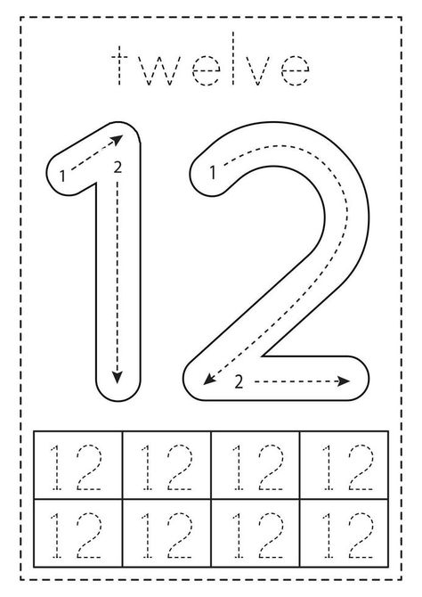 Tracing number twelve. Preschool worksheet. Black and white. Number 12 Worksheet, Fun Preschool Worksheets, Preschool Pictures, Pre K Worksheets, Preschool Number Worksheets, Free Printable Numbers, Numbers Kindergarten, Number Tracing, Numbers Preschool