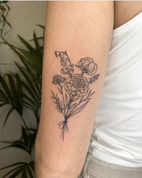 Carnation And Hawthorn Tattoo, Carnation Flower Bouquet Tattoo, Bouquet Of Marigolds Tattoo, Carnations Bouquet Tattoo, Back Bouquet Tattoo, Flower Bouquet Tattoo On Arm, Back Arm Flower Tattoo, Illustrative Flower Tattoo, Great Perhaps Tattoo