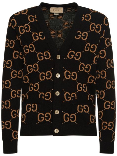 Find Gucci Gg Wool Knit Cardigan on Editorialist. Gucci Cosmogonie. Front button closure. Ribbed collar, cuffs and hem. All over pattern placement may vary. Model is wearing a sizeM Business Casual Mens, Gucci Cardigan, Basket Sport, Knit Edge, All Over Pattern, Black Camel, Buy Gucci, Sport Swimwear, Sports Sweatshirts