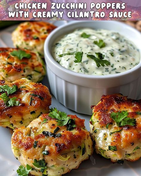 Chicken Zucchini Poppers with Creamy Cilantro Sauce: A Delightful Fusion of Flavors – Foodyhealthylife Zucchini Poppers, Yay Recipes, Chicken Zucchini Poppers, Creamy Cilantro Sauce, Pancit Recipe, Taco Pasta Salad, Grated Zucchini, Cilantro Sauce, Wholesome Snacks