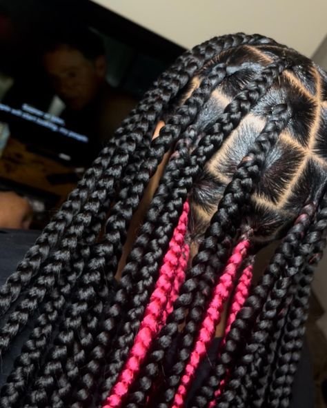 Big Braids With Color, Jumbo Box Braids Peekaboo, Large Knotless Box Braids Peek A Boo, Jumbo Peekaboo Braids, Large Box Braids Styles With Color, Peekaboo Jumbo Knotless Braids, Jumbo Knotless Box Braids Peekaboo, Pink Jumbo Knotless Box Braids, Large Peekaboo Knotless Braids