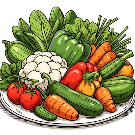 Drawings Of Fruits And Vegetables, Fruits And Vegetables Drawing, Vegetables Drawing, Vegetable Salad Drawing, Salad Drawing, Cartoon Vegetables Illustration, Fruits And Vegetables Cartoon, Cute Cartoon Food, Vegetable Drawing