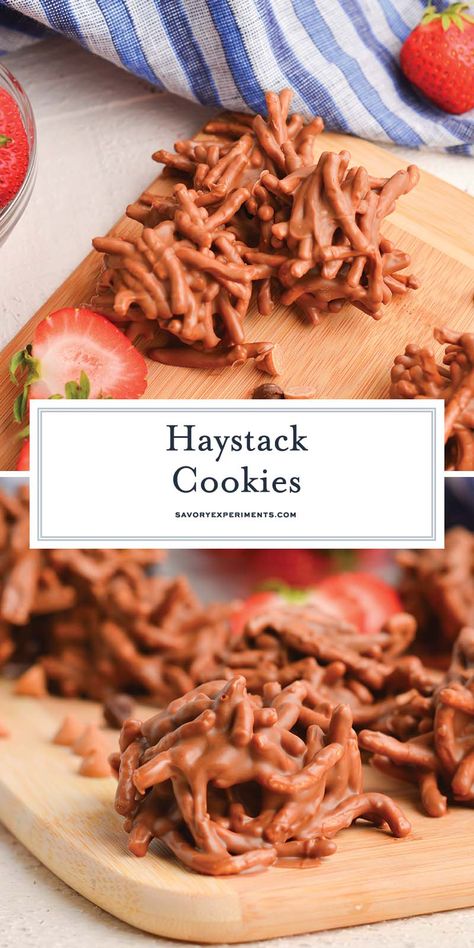 These EASY Haystack Cookies are a luscious mixture of sweet chocolate, butterscotch, and peanut butter with crunchy chow mein noodles! Chow Mein Noodle Cookies, Haystack Cookies, Haystacks Recipe, Banana Cookie Recipe, Amazing Cookie Recipes, Cookie Recipes From Scratch, Healthy Snacks To Make, Chow Mein Noodles, Cookie Recipes Unique