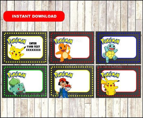 Star Wars Cupcake Toppers, Pokemon Birthday Card, Pokemon School, Pokemon Party Decorations, Name Tag Sticker, Pokémon Birthday Party, Pokemon Invitations, Pokémon Birthday, Label Name