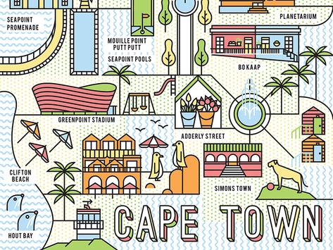 We were commissioned by Pure Publishing to create this map of Cape Town, which was applied as a pattern to various products. Cape Town Map, City Maps Illustration, Best Travel Journals, Clifton Beach, Cape Dutch, Illustrated Maps, Town Map, Beach City, City Illustration