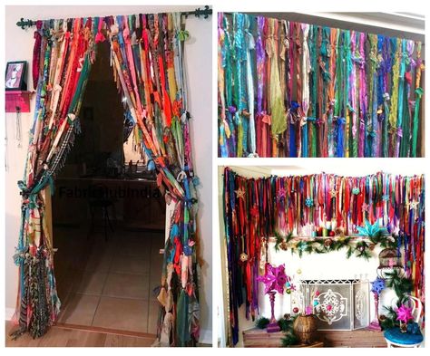 Scrap Fabric Curtains, Woman Cave Decor, Upcycle Home Decor, Hippie Living Room, Rag Curtains, Hippie Crafts, Bohemian Diy, Homemade Curtains, Easy Room Decor