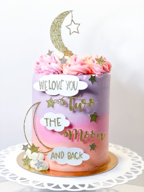 Two the moon and back Two Pretty Birthday Theme, Luna First Birthday, Two The Moon And Back Cake, Girly Space Cake, Two The Moon Party Ideas, I Love You Two The Moon And Back Party, Two The Moon Birthday Cake Girl, Two The Moon And Back Birthday Party, Two The Moon Birthday Party Girl Cake