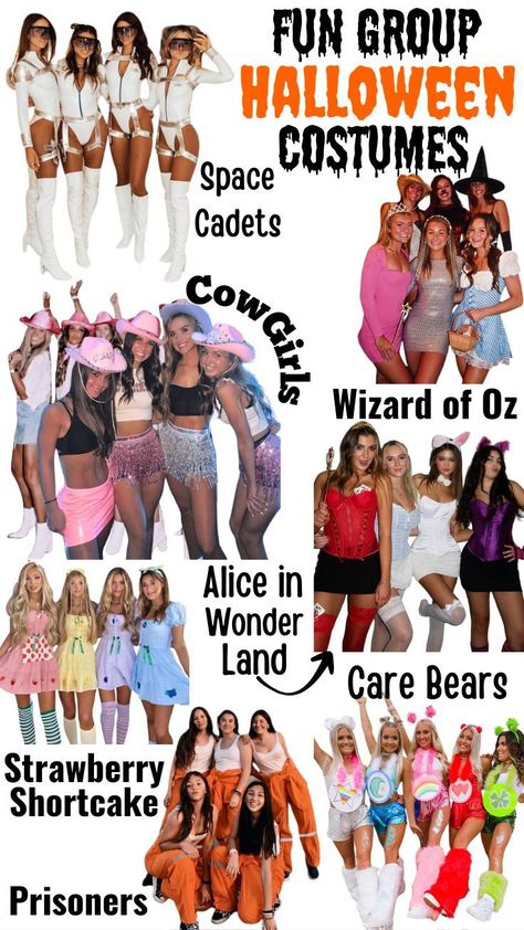 Easy group Halloween costumes for work, college, school, or a party. These Halloween costume ideas are the best for a group trio, 4, 5, 6, 7, or 8+. Have fun with friends or coworkers with the most creative ideas that will stand out at any Halloween party or event. Halloween Costumes For Squads, Friend Group Costumes Halloween, Cute Group Outfits, Holowen Costum Ideas, Halloween Costume Ideas For Friend Group, Halloween Costumes Ideas Group Of 4, Halloween Costumes Quad, 5 Friends Halloween Costumes, Halloween Ideas Group Of 4