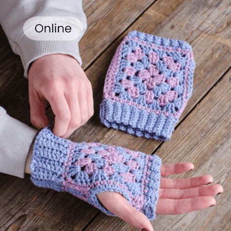 Granny Square Crochet Mittens Class Crochet Granny Square Fingerless Gloves Free Pattern, Granny Square Fingerless Gloves Pattern, Granny Square Mittens, Granny Square Gloves, Granny Square Fingerless Gloves, Wearable Crochet, Crochet Hand Warmers, Crochet Garments, Crochet Cute