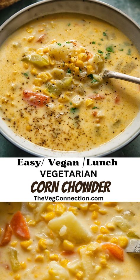 Comfort food peaks with a creamy corn chowder. Full of hearty vegetables in a silky broth, this vegetarian version of the classic is next level! Hearty Soup Vegetarian, Vegetarian Chowder Recipes, Vegetarian Corn Recipes, Corn Vegetable Soup, Vegetable Corn Chowder, Vegetable Chowder Recipes, Vegetarian Sick Food, Corn Chowder Recipe Vegetarian, Corn Chowder Soup Vegetarian