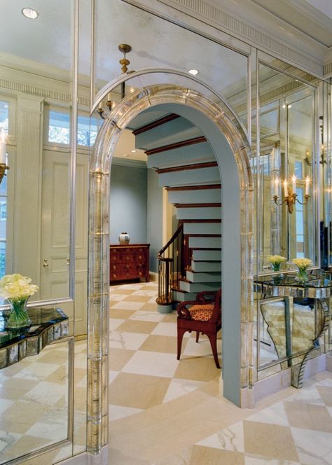 mirrored wall. Painted Wall Mirror, Mirrored Accent Wall, Archway Architecture, Mirrors Hallway, Mirrored Hallway, Mirror Architecture, Mirrors Aesthetic, Hidden Stairs, Blue Stairs