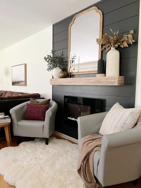 Fireplace With Wallpaper Accent Walls, Shiplap Mantle Decor, Easy Diy Shiplap Fireplace, Accent Wall Mantle, Dark Gray Shiplap Fireplace, Shiplap Fireplace Paint Color, Easy Fireplace Diy, Navy Shiplap Fireplace, Shiplap Wall With Fireplace