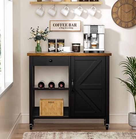 PRICES MAY VARY. Farmhouse Style Coffee Bar Cabinet - Coffee bar cabinet combines delicate wood effects, striking farmhouse barn design and black metal parts to create a farm-style atmosphere that adds a unique aesthetic and rustic charm to your home. Small and exquisite, suitable for small space use. This is an amazing gift not to be missed for your friends who are decorating their homes. Multi-Functional Coffee Station Table - Coffee bar with 2 fixed open shelves, a drawer and cabinet, to meet