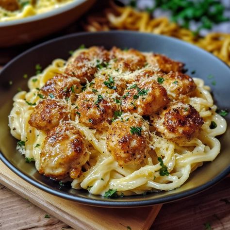 Garlic Butter Chicken Bites with Creamy Parmesan Pasta Introduction If you’re looking for a dish that’s both comforting and delicious, look no further than Garlic Butter Chicken Bites with Creamy Parmesan Pasta. This meal comes together quickly and is sure to please everyone at the table. It’s a perfect blend of tender chicken, rich flavors, Chicken Nugget Pasta, Pasta With Chicken Meatballs, Garlic Butter Chicken Bites With Pasta, Garlic Butter Chicken Bites With Creamy Parmesan Pasta, Chicken Meatball Pasta, Creamy Parmesan Pasta, Garlic Butter Chicken Bites, Butter Chicken Bites, Crockpot Chicken Spaghetti