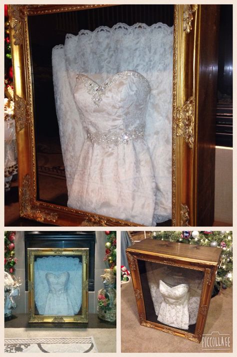 Wedding dress shadow box for under $150.  My wife and I built this using 1x12's 1/4 plywood, black felt and a Hobby Lobby frame. Dress Preservation Ideas, How To Make A Wedding Shadow Box Display, Wedding Dress Display Frame, Shadow Box For Wedding Dress, Wedding Dress In Shadow Box Display, Wedding Shadow Box Ideas Diy Memories, Wedding Keepsake Shadow Boxes, Wedding Day Shadow Box Ideas, Wedding Dress Shadow Box