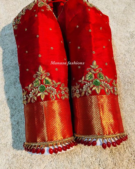 Follow Manasa fashions on instagram for more Back Maggam Work Designs, Red Blouse Designs Indian Weddings, Red Blouse Maggam Work Designs, Red Maggam Work Blouse Designs, Maggam Work Designs Simple, Blouse Back Embroidery, Red Blouse Work Designs, Blouse Designs Work, Magam Work Blouses Latest