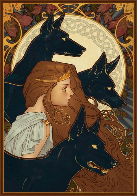 Persephone Art Nouveau, Alphonse Mucha Inspired Art, Art Nouveau Fanart, Art Nouveau Character Design, Art Nouveau Halloween, Art Nouveau Horse, Art Nouveau Animals Illustration, Art Nouveau Witch, Art Nouveau Elements