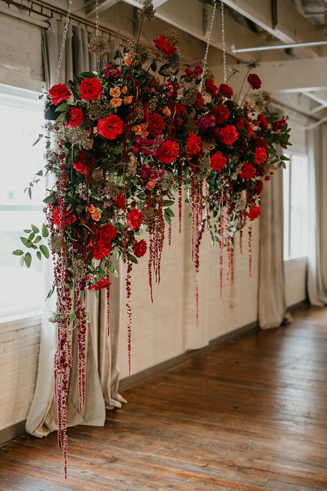 Fall Wedding Backdrop | The Floral Eclectic Floral installations are a great way to add a focal point to your wedding ceremony or wedding reception decor. If you’re looking for a unique showstopping floral installation for your fall wedding, check out the blog to check out Hannah + Dustyn’s fall floral arrangements! Unique Backdrop Ideas, Fall Ceremony Arch, Jewel Tone Fall Wedding, Red Wedding Arch, Mexican Inspired Wedding, Fall Wedding Ceremony, Hacienda Wedding, Floral Arch Wedding, Wedding Color Pallet