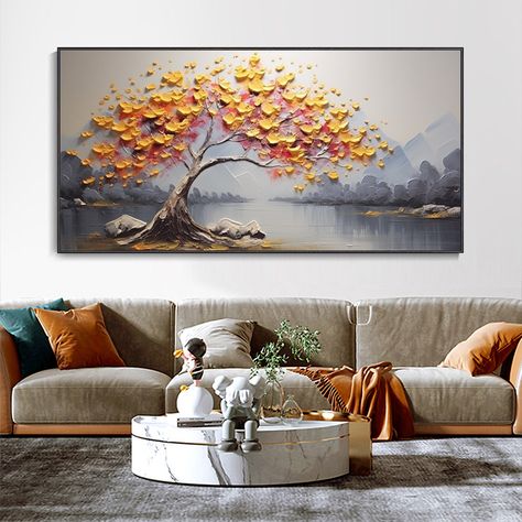 Autumn Whispers, Horizontal Composition, Landscape Canvas Painting, Tree Textures, Nature Abstract, Orange Texture, Mountain Scenery, Mountain Ranges, Modern Oil Painting