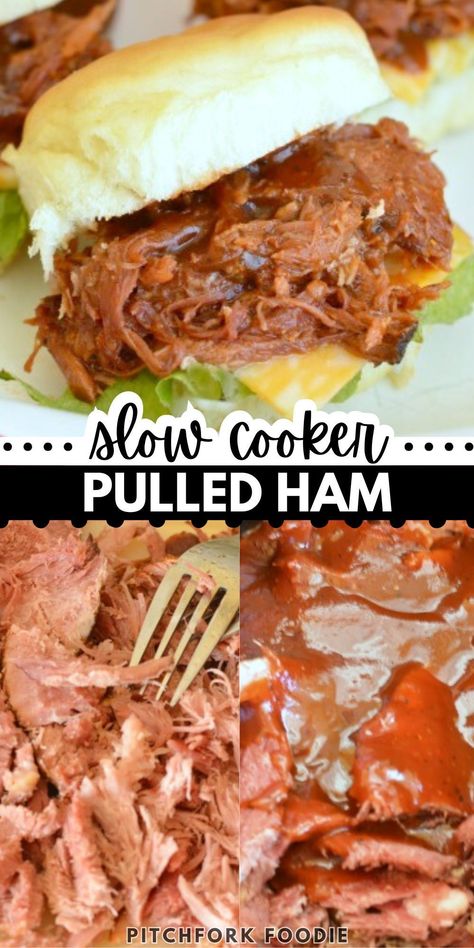 This recipe for Smoked Pulled Pork is a breeze to make thanks to using a simple ham. It's a perfect addition to your Game Day feast. Simply place the ham in a slow cooker, let it cook, and shred it once it's done. This easy and delicious meal is a game-changer that will simplify your Super Bowl party planning and leave your guests wanting more. You'll love this no-fuss and flavorful pulled pork recipe! Slow Cooker Smoked Pulled Pork, Pulled Ham Recipes, Ham Recipes Crockpot, Pulled Pork Recipe Slow Cooker, Homemade Bbq Sauce Recipe, Crockpot Ham, Slow Cooker Ham, Pulled Pork Recipe, Smoked Pulled Pork