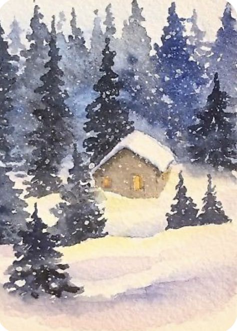 Snowy Watercolor, Cabin In Forest, Snowy Cabin, Landscaping Software, Winter Landscape Painting, Winter Watercolor, 카드 디자인, Art Carte, Winter Painting