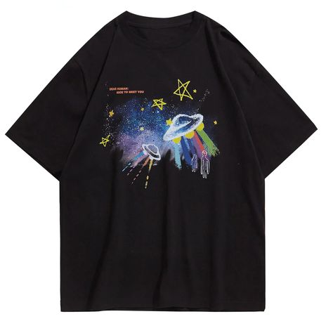 Hip Hop Graffiti UFO Alien Galaxy Print Short Sleeve T-shirt – AeeTee Alien Galaxy, Baseball Jacket Outfit, Alien Graphic, Casual Cotton Top, Harajuku Men, Alien Shirt, Alien Design, Shirt Streetwear, Galaxy Print